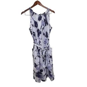 Julian Taylor Blue & White Pinstripe 100% Cotton Floral Midi Dress Size 12 NWT